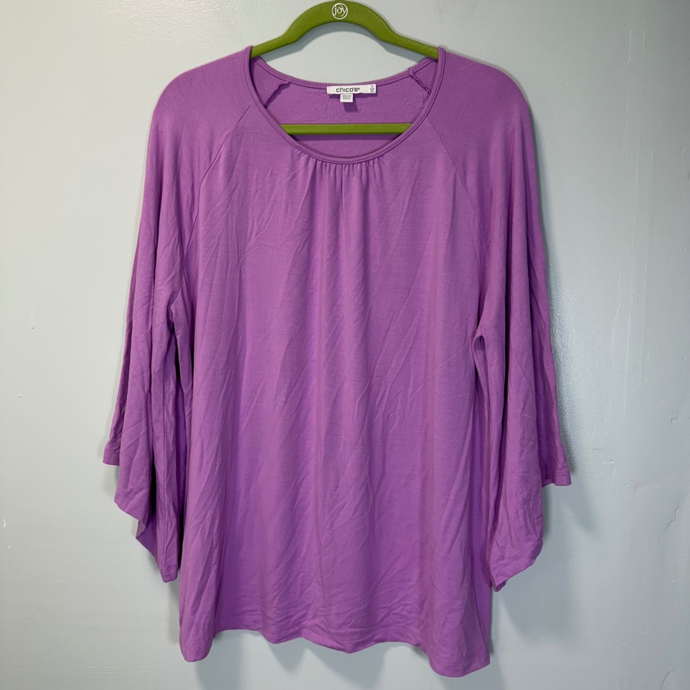 Chicos Purple Bell Sleeve Knit Top Womens Size XL Raglan Scoop Neck Rayon Blend